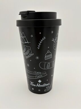 Tim Hortons 18 Oz. Black Metal Travel Mug 2021 Winter Hobby
